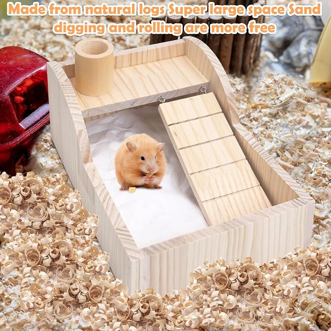 PINVNBY Hamster Sand Bath Box Wooden Small Animals Shower Room & Digging Sand Bath Container with Bowl for Dwarf Syrian Mice Mouse Gerbil and Other Small Animals