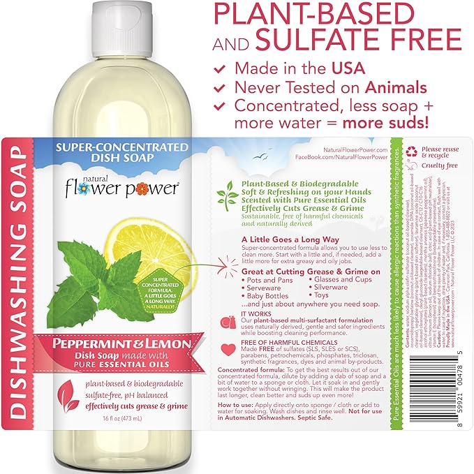 Natural Flower Power - Plant-Derived Dish Soap - Sulfate-Free, Bio-Based, pH-Balanced, Vegan Cleaning Supplies - Variety Pack - Lavender + Lemongrass + Peppermint & Lemon - 3 x 16 oz