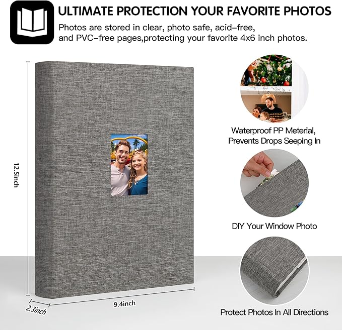XFveivoo Photo Album 4x6 450 Photos with Writing Space,4 x 6 Photo Book Linen Cover with Front Window, 4x6 Picture Album 450 Photos Photo Album Book for Wedding Kids Travel Family Baby Pictures, Grey