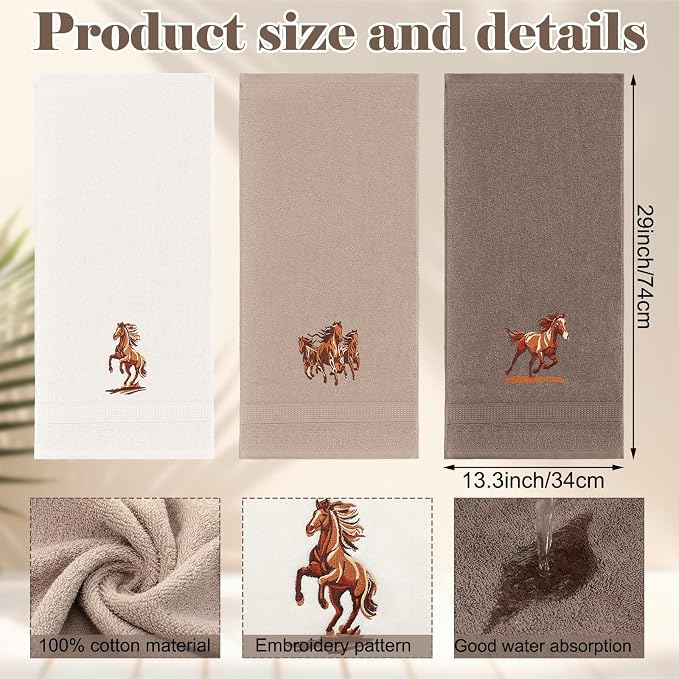 3 Pcs Western Horse Hand Towels Set for Bathroom | 100% Cotton Embroidered, Decorative Equestrian Horse Themed Gifts, farmhouse Towels for Bathroom Kitchen Decor 13.3 x 29.5''