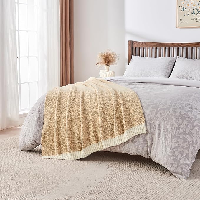 CozeCube Super Soft Fullfy Microfiber Reversible Knitted Blankets, Warm Cozy Fuzzy Plush Throw, Beige and White Melange Throw Blanket for Couch Bed Sofa, 60" x 80"