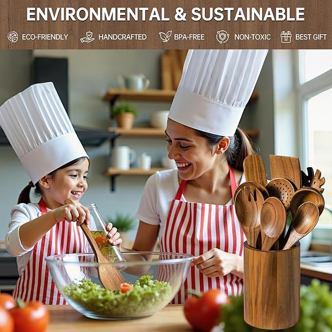 18 PCS Acacia Wooden Spoons for Cooking - Heat-Resistant, Comfort Grip,Easy to Clean, Non-stick Friendly - Kitchen Utensil Set with Holder, Spoon Rest & 6 Hooks, Ideal for Gifting