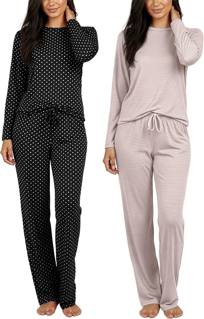 Real Essentials 2 Pack: Women's Comfy Pajama Sets - Short & Long Sleeve Ladies Loungewear Sleepwear PJs (Available In Plus)