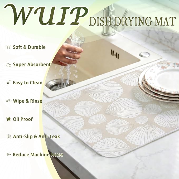 Seashell Dish Drying Mats for Kitchen Counter, Beach Lover Gifts, Neutral Coastal Beach Absorbent Reversible Coffee Bar Mat Drying Pad for Kitchen Decor, 12x15 Inch