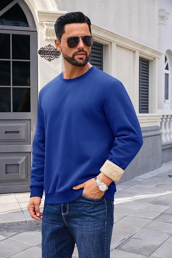 Boladeci Men's Full Sherpa Lined Crewneck Sweatshirts Heavy-weight Fleece Pullover Thick Thermal Long Sleeve Cotton