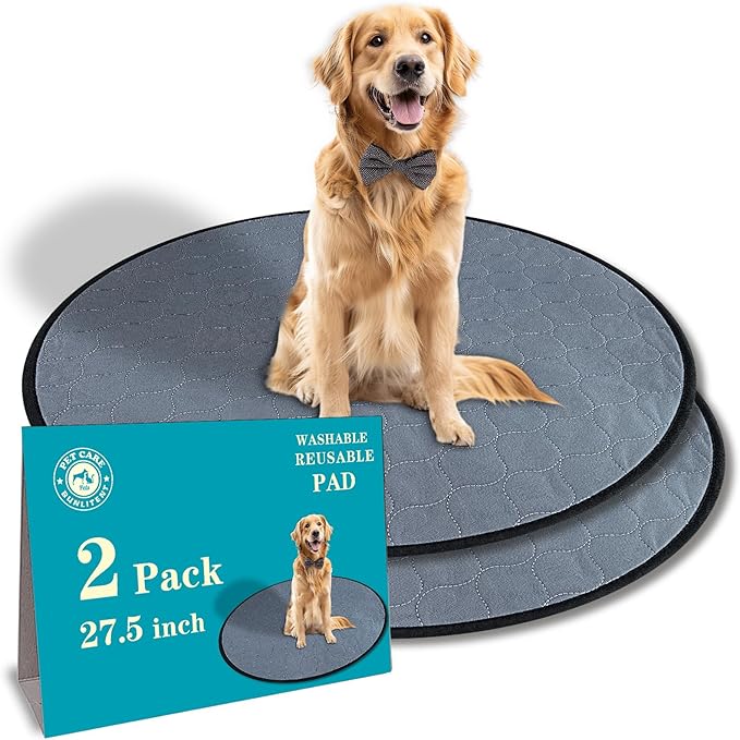 Bunlitent Washable Pee Pads for Dog, 2 Pack, 27.5 Inch Round, Grey | Reusable, Non-Slip, Waterproof, Fast Absorbent, For Dogs, Cats, Suitable For 35-39 Inches Dog Bed, Reusable Puppy Pads