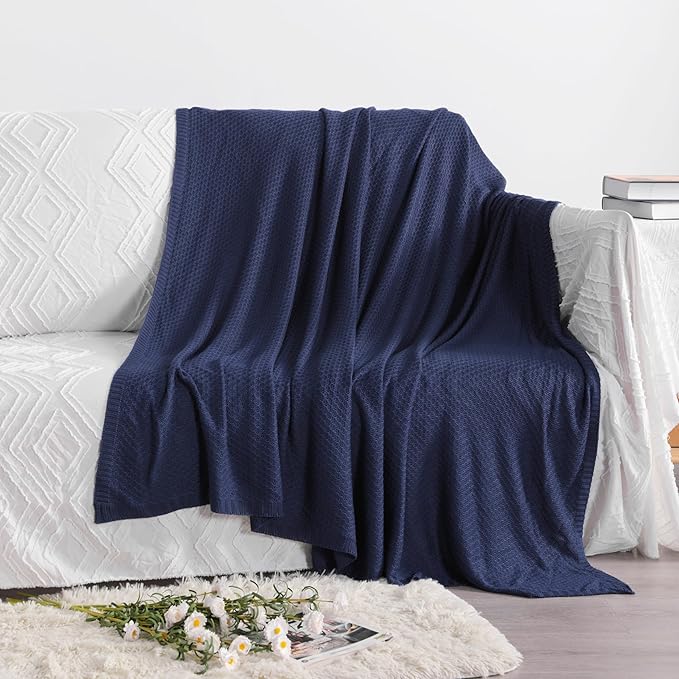 NTBAY Cable Knit Cooling Bed Blanket, Soft and Breathable Oversized Twin Bed Blanket 60x80 Inches Made from Rayon Derived from Bamboo for Bedroom, Travel, Navy Blue