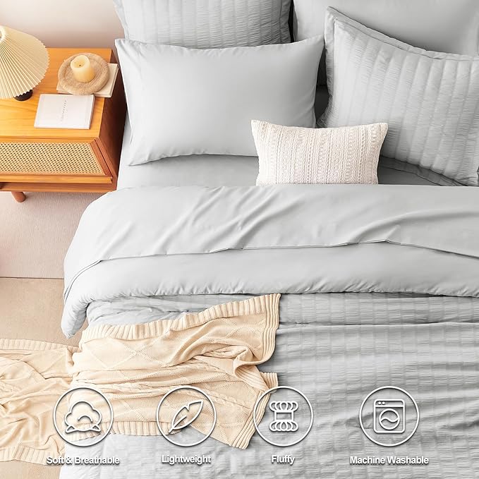 CozyLux King Size Comforter Set Light Grey Seersucker 7 Pieces Bed in a Bag King Comforter Set with Sheets, Luxury Bedding Set with Down Alternative Comforter, Sheets, Pillowcases & Shams All Seasons