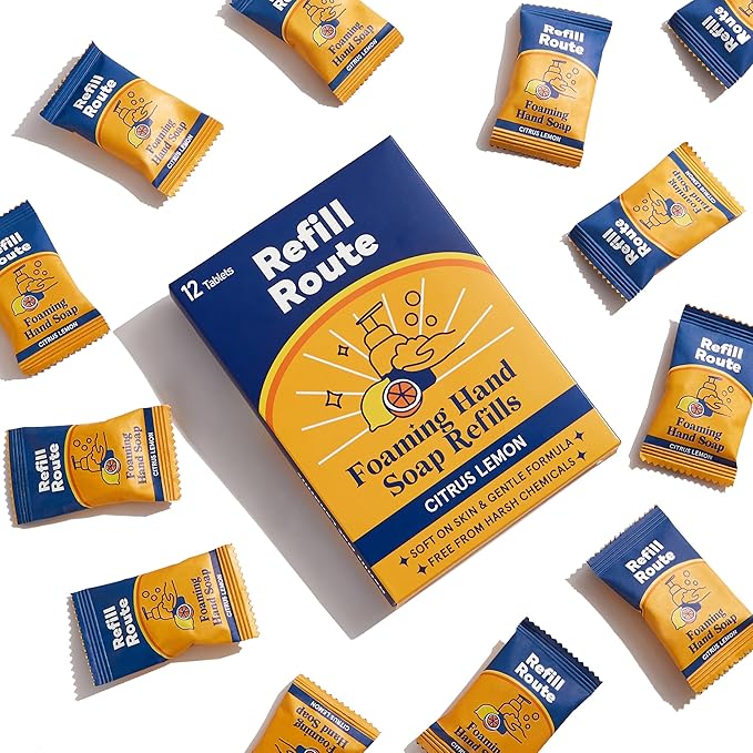 Foaming Hand Soap Refill Tablets 12 Pcs - Makes 96 fl oz Total (12x 8 fl oz) - Cleansing, Moisturizing, Vegan, No Plastic - for Foaming Dispenser Only (Not Included) - Citrus Lemon