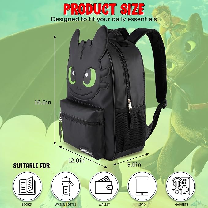AI ACCESSORY INNOVATIONS How to Train Your Dragon Toothless Backpack, Black 16 Inch School Bag with 3D Face Applique, Green Eyes, Lightning Bolt Keychain, for Boys and Girls