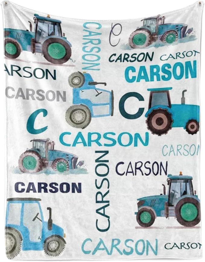 Personalized Tractors Blanket - Custom Name with Farm Tractor Trucks Design - Soft Plush Flannel Bed Blanket for Baby Kid Teen Boys Girls Customized Gifts White & Blue