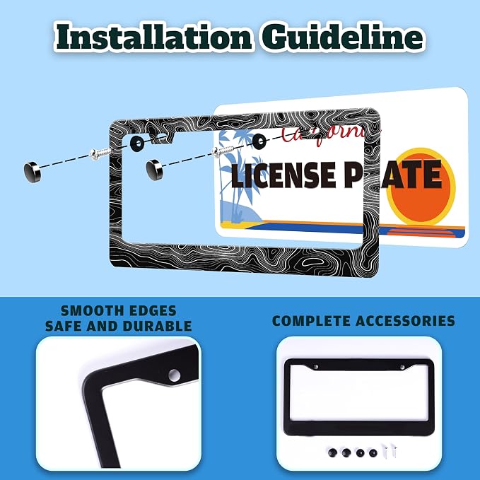 Topographic Map License Plate Frame Stainless Steel 6.3 X 12.2 Inch | Fits US Standard With Screws Rust Resistant For Car Front Rear Decoration Accessories Easy Installation For Cars SUV Truck