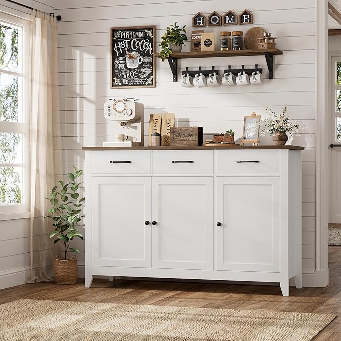 HORSTORS 47" Buffet Cabinet with Storage, Kitchen Buffet Table with Drawers, Modern Farmhouse Coffee Bar Storage Cabinet with Adjustable Shelf, Wood Sideboard for Dining Room, Kitchen, Entryway, White