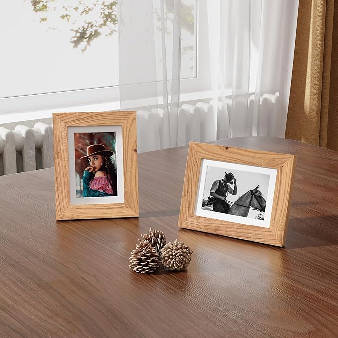 Fun Memories 5x7 Picture Frame with Mat for 4x6 Photo, Solid Elm Wood & Tempered Glass, Rustic Wall & Tabletop Display Frame, Natural, 1 Pack