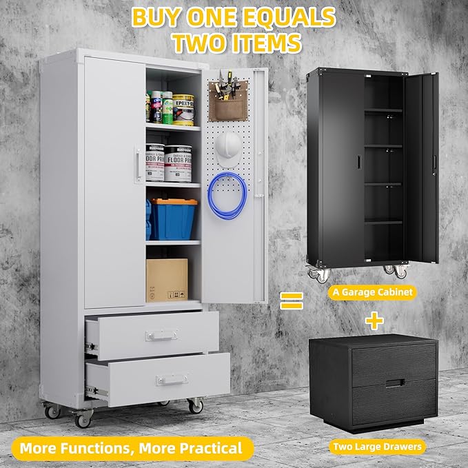Garage Storage Cabinet with 2 Drawers and Pegboard, Metal Storage Cabinet with 2 Lockable Doors for Garage Home Warehouse,Required Assembly,White,71.2" H*15.2" D*30" W