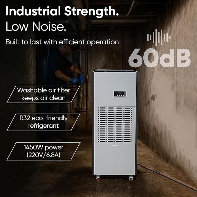 350 Pints Commercial Dehumidifier for Basements & Industrial Spaces – Built-In Pump, Drain Hose, Continuous Operation, 2-Speed Fan, 30000 Sq Ft Coverage