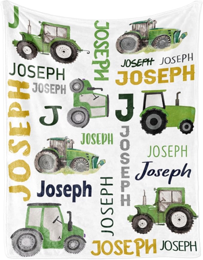 Personalized Tractor Truck Blanket for Boys Girls with Name, Custom Name Blanket Construction Trucks Car, Soft Flannel Teen Blankets Customized Gift for Birthday Christmas-50x60in