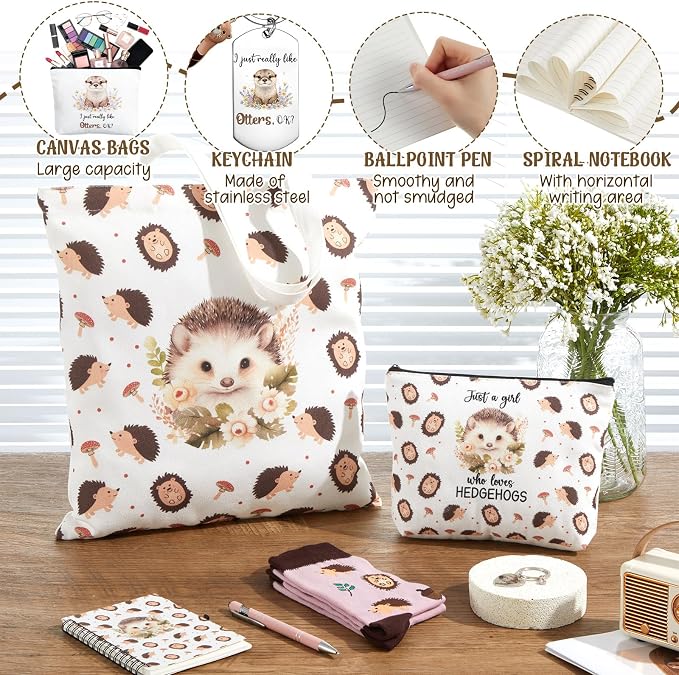 Talltalk 6 Pcs Otter Gifts for Women Sea Otter Lover Gifts Set, Socks Canvas Bag Makeup Bag Spiral Notebook Ballpoint Pen and Stainless Steel Keychain for Christmas Birthday Graduation Thanksgiving