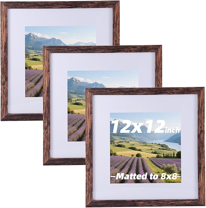 3 Pcs 12x12 Rustic Brown Wood Picture Frame - Display Pictures 8x8 with Mat or 12 x 12 without Mat - Distressed Brown Wooden Photo Frames for Wall Mounting 12 12 Matted to 8x8 Farmhouse Set of 3