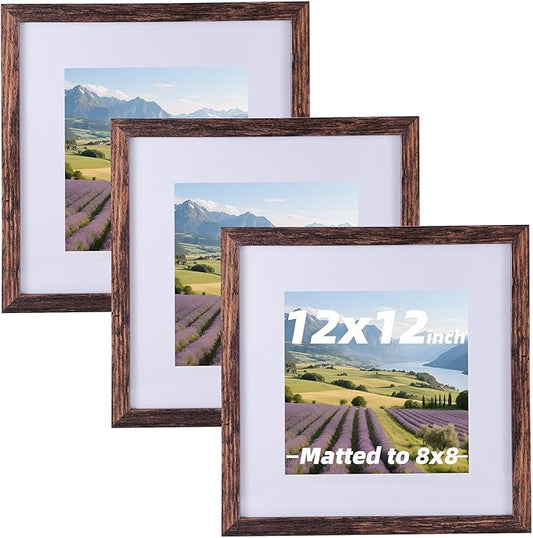 3 Pcs 12x12 Rustic Brown Wood Picture Frame - Display Pictures 8x8 with Mat or 12 x 12 without Mat - Distressed Brown Wooden Photo Frames for Wall Mounting 12 12 Matted to 8x8 Farmhouse Set of 3