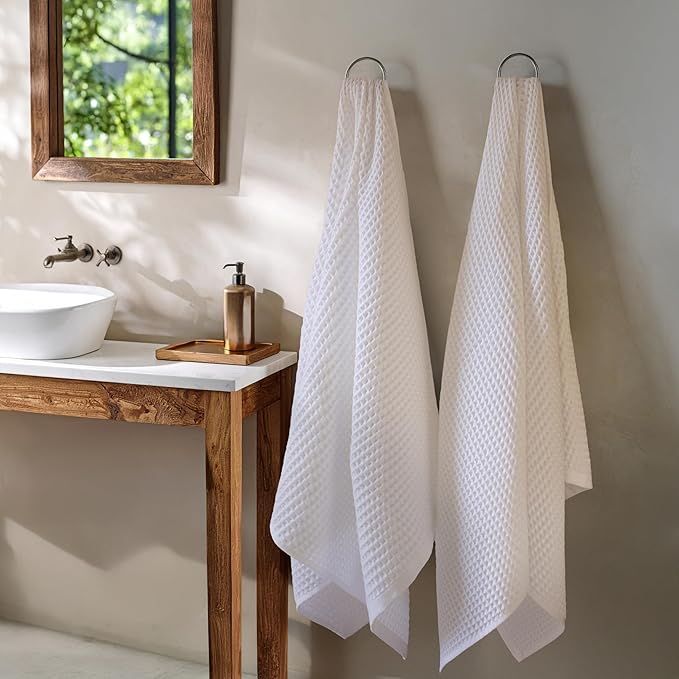 PÜSKÜL - Premium Waffle Towel Set 4 Pieces White - Organic 100% Turkish Cotton Quick-Dry Towels for Bathroom Made in Turkiye (White, Towel Set - 2 Hand & 2 Bath Towels)