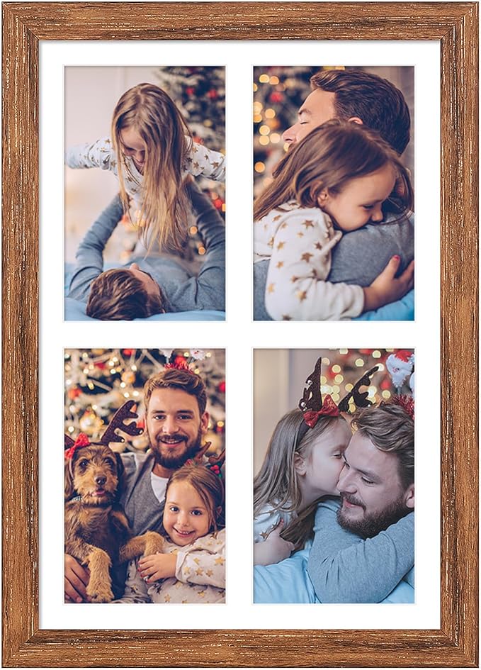9x13 Collage frame with 4 Openings 4X6 Pictures, Multiple Picture Frame with Mat, Wall or Tabletop Decor, Carbonized Brown Wood Grain (1 Pack)