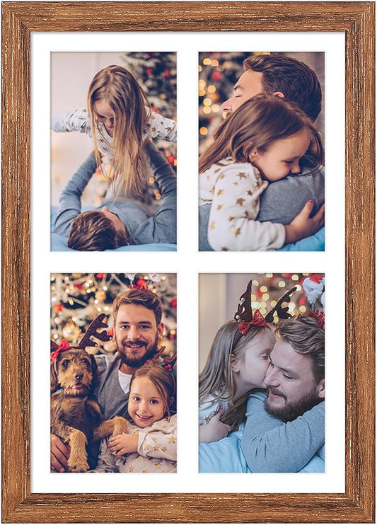 9x13 Collage frame with 4 Openings 4X6 Pictures, Multiple Picture Frame with Mat, Wall or Tabletop Decor, Carbonized Brown Wood Grain (1 Pack)