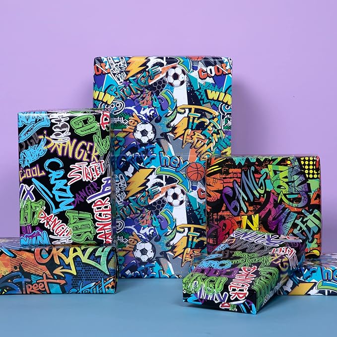 PlandRichW Graffiti Wrapping Paper Folded for Boys Girls Kids Adult Birthday 4 Styles of Sport with Lightning Basketball Football Crazy Graffiti Text, Pre-cut 12 Sheets Each 20" X 29"