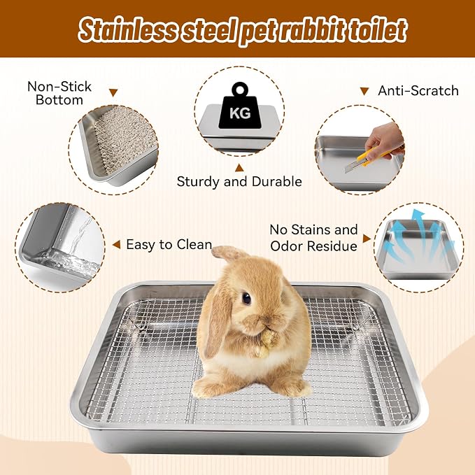 Rabbit Litter Box Stainless Steel Gird Rabbit Litter Box,304 Stainless Steel Sifting Tray with &Non-Slip Feet Mats,Small Animal Toilet Potty Tray Easy to Clean and Wash