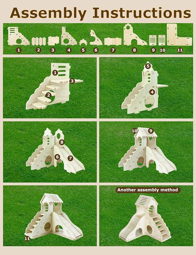 Hamster Hideout Cage Accessories - Hamster House and Habitat Wooden Hide Hut with Climbing Ladder and Slide for Dwarf Gerbils and Mouse Mice Rat Other Small Animals etc.