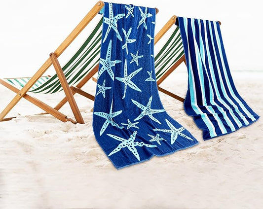 CASA COPENHAGEN Miami Bath Towels Designed in Denmark Rough and Tough, Quick Dry, for Pool, Bath & Shower 30"x60", 2 Pieces Cotton Beach Towels Set - Star Fish Navy + Turquoise Stripe