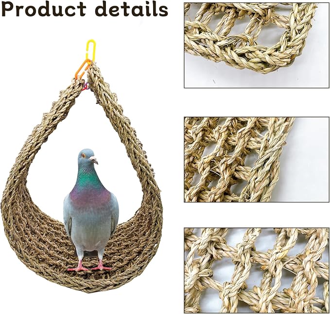 Bird Seagrass Mat 39.4×7" Long Natural Macaw Woven Net Hammock Hanging on Parrot Cage with Hooks Climbing Ladder Swing Chew Toys for Cockatoo Large Parrot Supplies