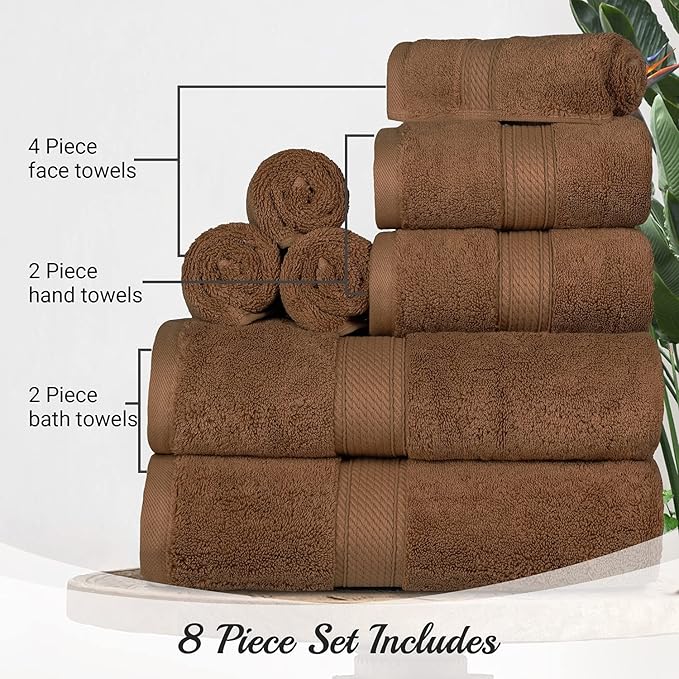 BLUENILEMILLS Madison Egyptian Cotton Towels, Towel Set for Bathroom, Shower, Hotel, Plush, 900 GSM, Highly Absorbent and Ultra-Soft Towels, Bath Essentials, 8 Piece Assorted Towel Set, Chocolate