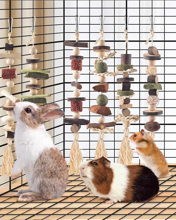 DBNESS 6PCS Bunny Chew Toys, Hamster Rabbit Cage Hanging Chew Toys, Natural Apple Wood Bunnies Treats, Improve Small Animal Teeth Health for Guinea Pig Chinchilla Ferret Rats Gerbil