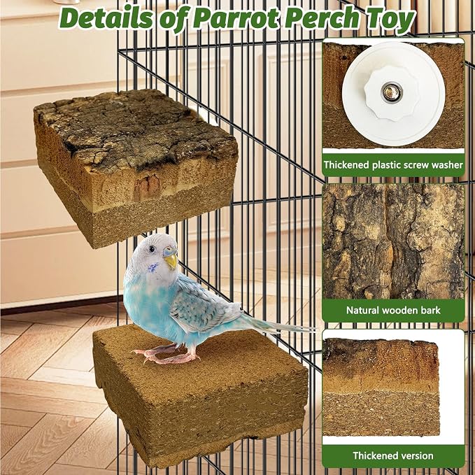 kathson 2Pcs Natural Cork Bird Perch Stand Platform Small Birds Thicken Wooden Square Stand Perch Parakeet Chewing Toy Cage Accessories for Lovebirds Cockatiels Conures(Single Screw, 2 in Thick)
