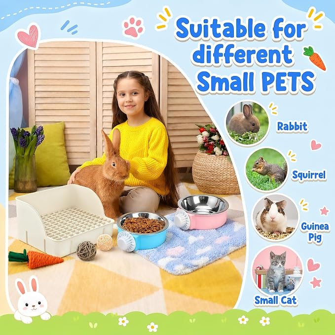 Reallnaive 15 Pcs Rabbit Starter Kit Small Rabbit Litter Box Girls Gift Animal Grooming Kit Bunny Toys Bowl Blankets with Cleaning Set for Guinea Pig Accessories(Cream White)
