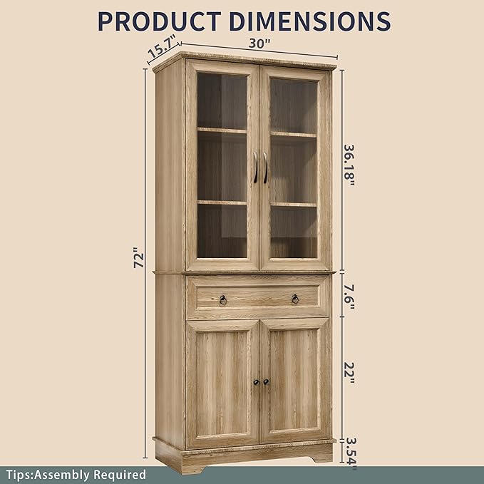 Fatmok 72" Tall Kitchen Pantry Storage Cabinet with Glass Door,Kitchen Hutch Cabinet with 4 Door & 1 Drawer, Farmhouse Food Pantry for Living Room, Dining Room, Office, Natrual