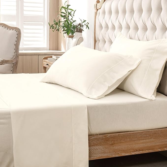 PURE ERA Jersey Knit 4pc Bed Sheet Set 100% T-Shirt Cotton Super Soft Comfy Breathable Fits Mattress Up to 20" Extra Deep Pocket (Solid Creamy White, Queen)