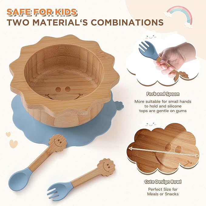 Bamboo Suction Plates Bowls Set for Baby Toddler - Includes Bamboo Bowl, Divided Plate, Silicone Fork & Spoon, All-Natural Baby Feeding Set for Baby-Led Weaning