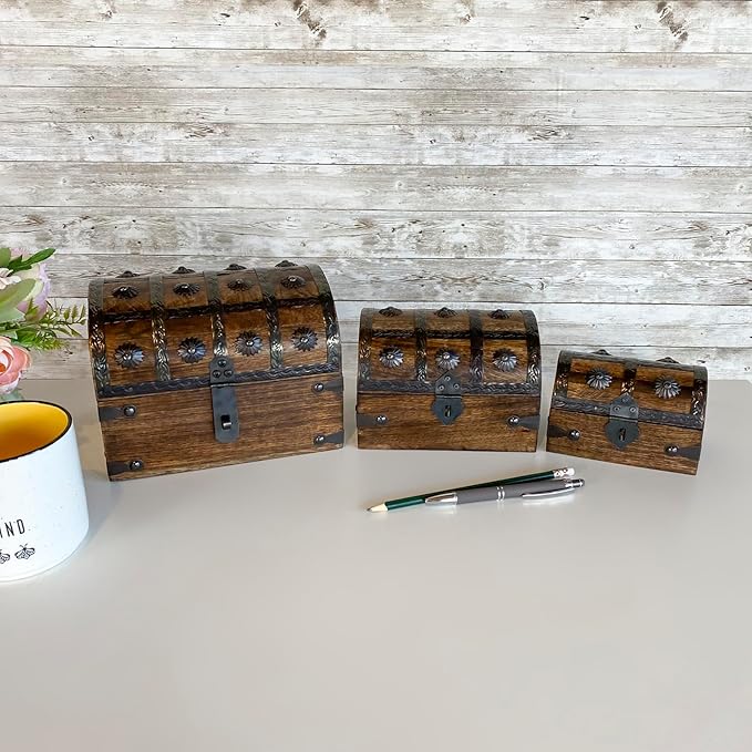 Nautical Cove Treasure Chest Keepsake and Decorative Wood Box (Small 5x3x3.25) - Storage Box, Wooden Box with Hinged Lid, Rustic Storage, Pirate Storage Box, Vintage Wooden Chest