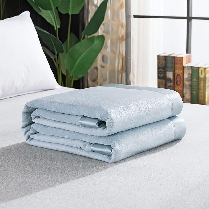 EP Mode Luxury Mulberry Silk Blanket with Silk Charmeuse Border (Baby Blue, Queen 88" x 88")