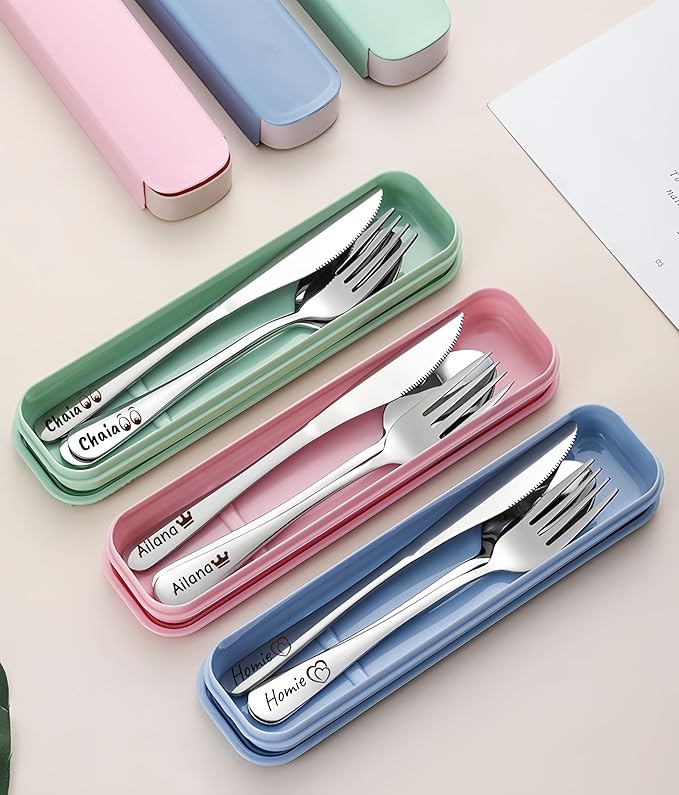 personalized travel Utensils Set with Case, Portable Silverware Set for Work, laser engraving Custom Name and patterns,Stainless Steel Reusable Travel Cutlery Set, Fork and Spoon Set for Camping