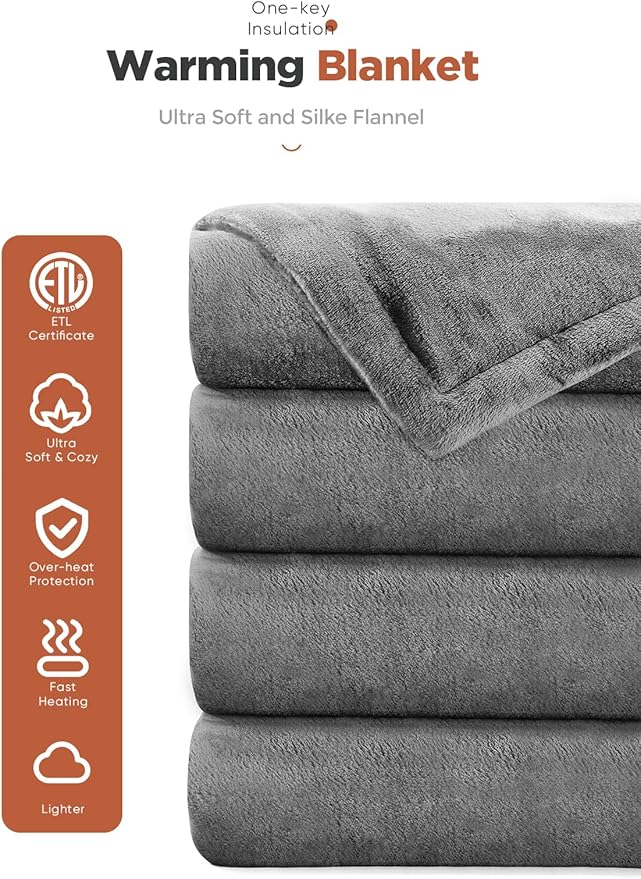 Heated Throw Blanket with 1-9 hrs Timer Auto-Off & 8 Heating Levels，Flannel Electric Blanket Throw ETL Certification，Machine Washable Full Body Warming Blankets