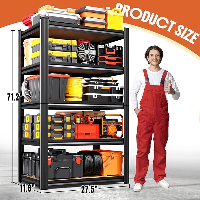 71.2''H Storage Shelves, 2000lbs Garage Shelving,Adjustable Heavy Duty Shelving Unit,5T Tall Garage Shelves，Wood Metal Standing Shelf Units,Utility Rack for Kitchen 71.2''H*27.5''W*11.8''D