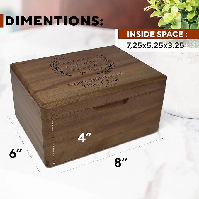 Retirement Memory Box - Farewell Gifts for Coworkers, Teacher Appreciation Gift Personalized Keepsake Box with Hinged Lid Acacia Wood, Custom Engraved Design, 8x6x4 in