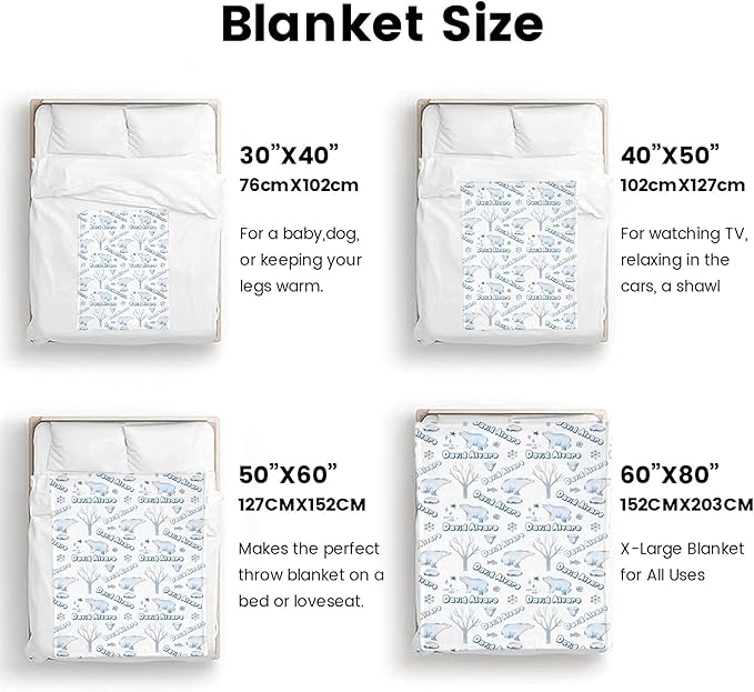 Ship Next Day Personalized Baby Blanket, Printed in USA - Custom Name Toddler Blanket with Polar Bears Pattern, Personalized