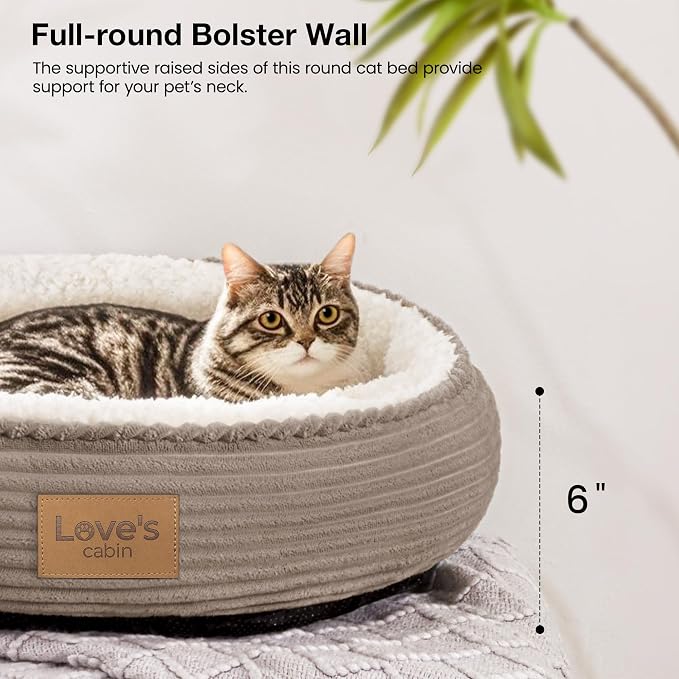 Love's cabin Round Donut Cat and Dog Cushion Bed, 20in Pet Bed for Cats or Small Dogs, Anti-Slip & Water-Resistant Bottom, Super Soft Durable Fabric Pet beds, Washable Luxury Bed Khaki