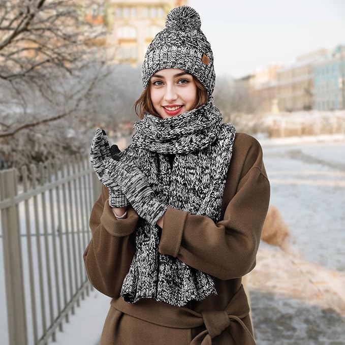 Tavaleu Womens Winter Beanie Hat Scarf Gloves Set, Pom Pom Beanie Warm Knit Scarf Touchscreen Gloves for Cold Weather