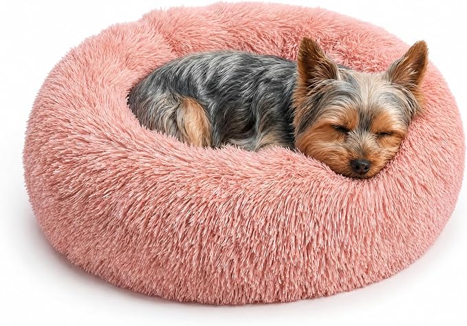 Calming Donut Small Dog Bed for Chihuahua Yorkie Maltese Shih Tzu | 19 Inch Washable Puppy Bed,Ultra Soft Faux Fur Round Dog Bed,Pink