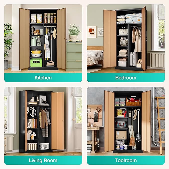 SISESOL Wide & Deep Metal Storage Cabinet with Hanging Rod,Broom Closet Storage Cabinet with Lock,72" Tall Wardrobe Cabinets with Doors and Shelves,Locking Steel Tool Cabinets for Home,Office,Garage